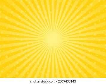 Sonnenheller horizontaler Hintergrund. Pulvergelbe Farbe brach Hintergrund mit glänzenden Sternen aus. Vektorgrafik. Sonnenstrahl-Sonnenburstmuster-Hintergrund. Magie, Festival, Zirkusposter