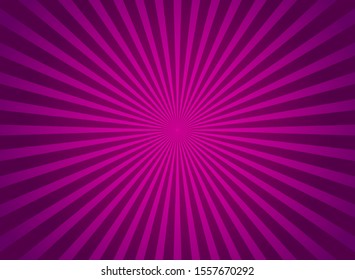 Sunlight horizontal background. Purple color burst background. Vector illustration. Sun beam ray sunburst wallpaper. Retro bright backdrop.  starburst wallpaper. Circus poster or placard