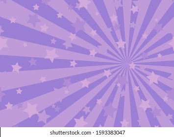 Sunlight horizontal background. purple and violet color burst background with shining stars. Vector illustration. Sun beam ray sunburst pattern backdrop. Magic, festival, circus holiday poster
