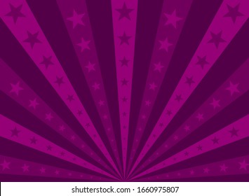 Sunlight horizontal background. purple and violet color burst background with shining stars. Vector illustration. Sun beam ray sunburst pattern backdrop. Magic, festival, circus holiday poster