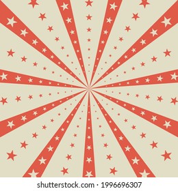 Sunlight horizontal background. Red and beige color burst background with shining stars. Vector illustration. Sun beam ray sunburst pattern backdrop. Magic, festival, circus poster