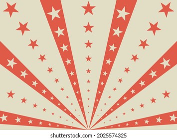 Sunlight horizontal background. Red and beige color burst background with shining stars. Vector illustration. Sun beam ray sunburst pattern backdrop. Magic, festival, circus poster