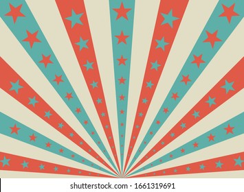 Sunlight horizontal background. Red and blue color burst background with shining stars. Vector illustration. Sun beam ray sunburst pattern backdrop. Magic, festival, circus poster