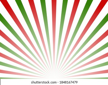 Sunlight horizontal background. Red and green color burst background. Fantasy Vector illustration. Magic Sun beam ray sunburst pattern background. Christmas holiday bright backdrop. Circus poster