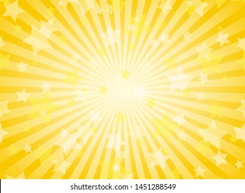 Sunlight horizontal background. Yellow color burst background with shining stars. Vector illustration. Sun beam ray sunburst pattern backdrop. Magic, festival, circus poster