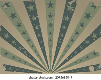 Sunlight horizontal grunge background. Khaki green and beige color burst background with  stars. Vector illustration. Sun beam ray sunburst backdrop. Magic, festival, circus scratched old poster