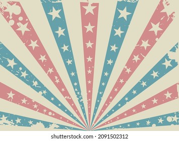 Sunlight horizontal grunge background. Red, blue and beige color burst background with  stars. Vector illustration. Sun beam ray sunburst backdrop. Magic, festival, circus scratched old poster
