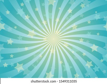 Sunlight horizontal spiral  background. Powder blue color burst background with shining stars. Vector illustration. Sun beam ray sunburst wallpaper. Magic winter poster or placard