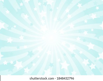 Sunlight horizontal spiral  background. Powder blue color burst background with shining stars. Vector illustration. Sun beam ray sunburst wallpaper. Magic winter poster or placard