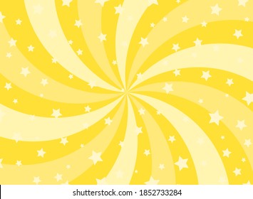 Fondo de espiral horizontal de la luz solar. El color amarillo rota el fondo con brillantes estrellas. Ilustración vectorial. Papel de pared con fuegos artificiales de rayos de sol. Afiche o cartel de las vacaciones mágicas