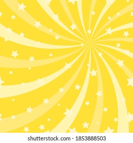 Sunlight horizontal spiral  background. Yellow color burst background with shining stars. Vector illustration. Sun beam ray firework wallpaper. Magic holiday poster or placard