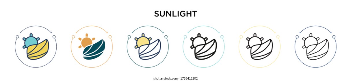 Icono de luz solar en estilo relleno, delgado, contorno y trazo. Ilustración vectorial de dos iconos de los vectores de luz solar de color y negro se puede utilizar para móviles, ui, web
