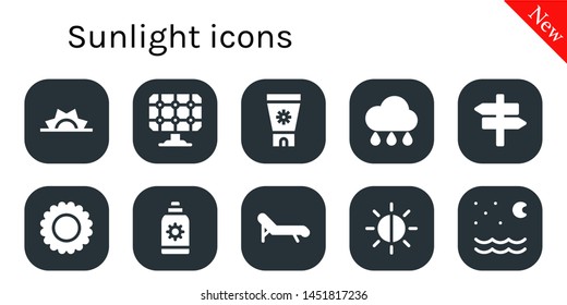 sunlight icon set. 10 filled sunlight icons.  Simple modern icons about  - Sunrise, Solar panel, Sun cream, Rain, Panel, Sun, Deck chair, Brightness, Night
