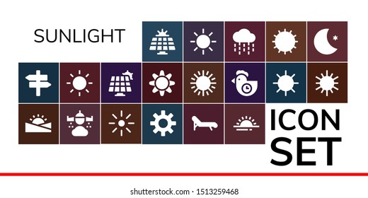 sunlight icon set. 19 filled sunlight icons.  Collection Of - Solar panel, Panel, Sunset, Rain, Brightness, Sun, Deck chair, Sunrise, Morning, Moon icons