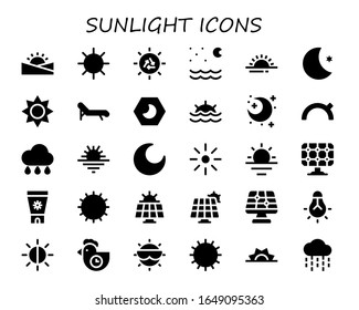 sunlight icon set. 30 filled sunlight icons.  Simple modern icons such as: Sunset, Sun, Night, Sunrise, Moon, Deck chair, Evening, Rain, Brightness, Solar panel, Sun cream, Tungsten