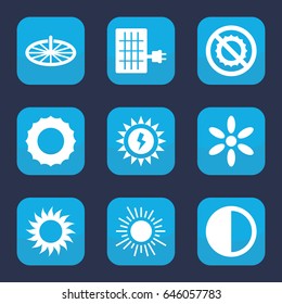 Sunlight icon. set of 9 filled sunlight icons such as sun, no brightness, brightness, solar panel, sun battery