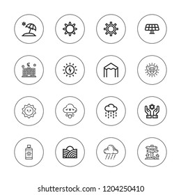 Sunlight icon set. collection of 16 outline sunlight icons with night, panels, rain, sun, sunset, sunshade, sun cream, sun umbrella, solar energy icons.