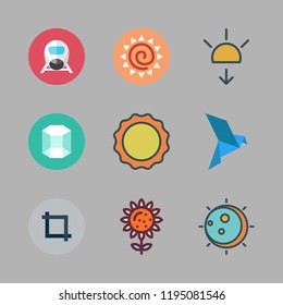 sunlight icon set. vector set about sunflower, bird, eclipse and sunset icons set.