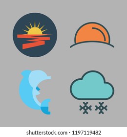 sunlight icon set. vector set about sun, dolphin, snowing and sunset icons set.