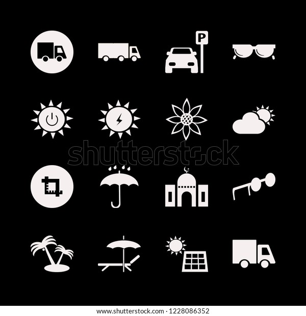sunlight icon. sunlight vector\
icons set chaise lounge umbrella, sunglasses, sunflower and solar\
panel