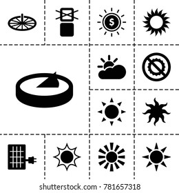 Sunlight icons. set of 13 editable filled sunlight icons such as sun, no brightness, cargo only in box allowed, dollar in sun, sun cloud, solar panel