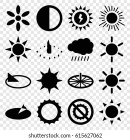 Sunlight icons set. set of 16 sunlight filled icons such as sun, no brightness, brightness, sun battery