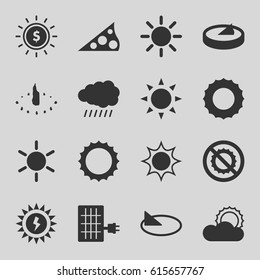 Sunlight icons set. set of 16 sunlight filled icons such as sun, no brightness, solar panel, sun battery, sundial