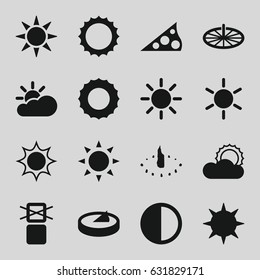 Sunlight icons set. set of 16 sunlight filled icons such as sun, cargo only in box allowed, brightness, sun cloud
