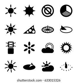 Sunlight icons set. set of 16 sunlight filled icons such as sun, no brightness, cargo only in box allowed, brightness, sun cloud