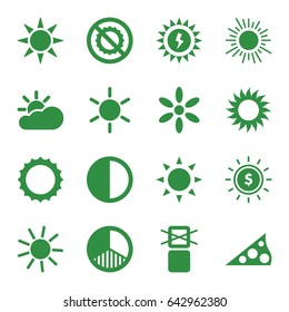 Sunlight icons set. set of 16 sunlight filled icons such as sun, no brightness, cargo only in box allowed, brightness, sun cloud