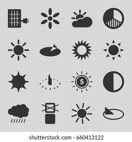 Sunlight icons set. set of 16 sunlight filled icons such as sun, cargo only in box allowed, brightness, sun cloud, solar panel, sundial