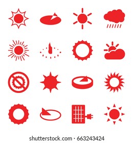 Sunlight icons set. set of 16 sunlight filled icons such as sun, no brightness, sun cloud, solar panel