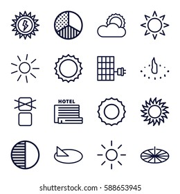 sunlight icons set. Set of 16 sunlight outline icons such as sun, cargo only in box allowed, brightness, solar panel, sun battery