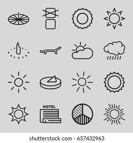 Sunlight icons set. set of 16 sunlight outline icons such as sun, cargo only in box allowed, brightness, sun cloud