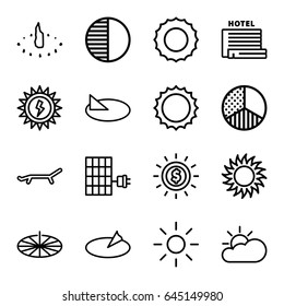 Sunlight icons set. set of 16 sunlight outline icons such as sun, brightness, sun cloud, solar panel