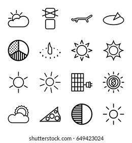 Sunlight icons set. set of 16 sunlight outline icons such as sun, cargo only in box allowed, brightness, sun cloud, solar panel, sundial