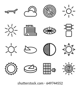 Sunlight icons set. set of 16 sunlight outline icons such as sun, no brightness, cargo only in box allowed, brightness, solar panel, sundial