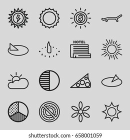 Sunlight icons set. set of 16 sunlight outline icons such as sun, no brightness, brightness, sun cloud