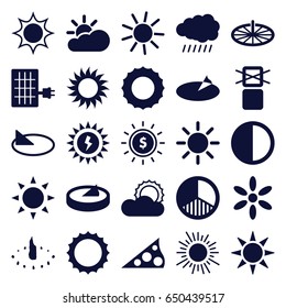 Sunlight icons set. set of 25 sunlight filled icons such as sun, cargo only in box allowed, brightness, sun cloud, solar panel