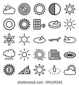 sunlight icons set. Set of 25 sunlight outline icons such as sun, no brightness, brightness, sun cloud, solar panel, sun battery