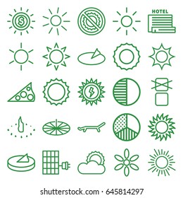 Sunlight icons set. set of 25 sunlight outline icons such as sun, no brightness, cargo only in box allowed, brightness, solar panel, sun battery, sundial