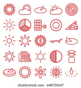 Sunlight icons set. set of 25 sunlight outline icons such as sun, no brightness, cargo only in box allowed, brightness, sun cloud, solar panel