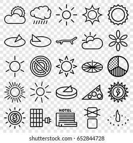 Sunlight icons set. set of 25 sunlight outline icons such as sun, no brightness, cargo only in box allowed, brightness, sun cloud, solar panel