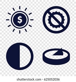 Sunlight icons set. set of 4 sunlight filled icons such as no brightness, brightness, sundial
