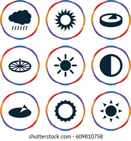 Sunlight icons set. set of 9 sunlight filled icons such as sun, brightness