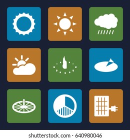 Sunlight icons set. set of 9 sunlight filled icons such as sun, brightness, sun cloud, solar panel