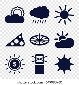 Sunlight icons set. set of 9 sunlight filled icons such as sun, cargo only in box allowed, sun cloud, sundial
