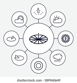 sunlight icons set. Set of 9 sunlight outline icons such as sun, sun cloud, sun battery
