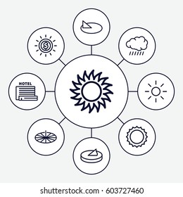 Sunlight icons set. set of 9 sunlight outline icons such as sun, sundial