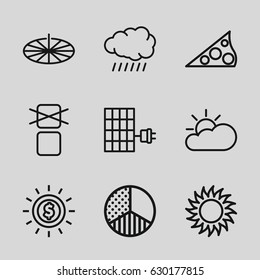 Sunlight icons set. set of 9 sunlight outline icons such as sun, cargo only in box allowed, brightness, sun cloud, solar panel, sundial